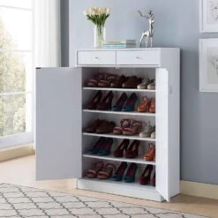 13.00 In. W X 33.00 In. D X 47.50 In. H With Fives Shelves, 2-Drawers, Fits 15-Pairs Of Shoes White Linen Cabinet -Tahanbath white tahanbath linen cabinets z b107130885 1f 1000