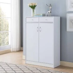 13.00 In. W X 33.00 In. D X 47.50 In. H With Fives Shelves, 2-Drawers, Fits 15-Pairs Of Shoes White Linen Cabinet -Tahanbath white tahanbath linen cabinets z b107130885 4f 1000