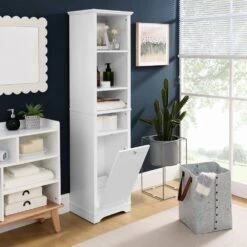 13.75 In. W X 15.75 In. D X 63.75 In. H White Linen Cabinet With 4 Adjustable Shelves & Laundry Hamper -Tahanbath white tahanbath linen cabinets z w1801p195737 1f 1000