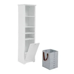13.75 In. W X 15.75 In. D X 63.75 In. H White Linen Cabinet With 4 Adjustable Shelves & Laundry Hamper -Tahanbath white tahanbath linen cabinets z w1801p195737 44 1000