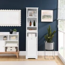 13.75 In. W X 15.75 In. D X 63.75 In. H White Linen Cabinet With 4 Adjustable Shelves & Laundry Hamper -Tahanbath white tahanbath linen cabinets z w1801p195737 c3 1000