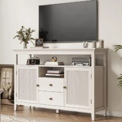 52.8 In. Rattan Sideboard, Storage Cabinet With Adjustable Shelves, Accent Buffet Cabinet For Kitchen In White