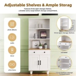 Farmhouse Storage Cabinet - Solid Wood Gourd Legs Adjustable Shelves 5-Tier With Drawer-White -Tahanbath white tahanbath pantry organizers z n721p205790k 1f 1000