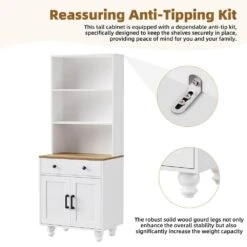 Farmhouse Storage Cabinet - Solid Wood Gourd Legs Adjustable Shelves 5-Tier With Drawer-White -Tahanbath white tahanbath pantry organizers z n721p205790k 4f 1000