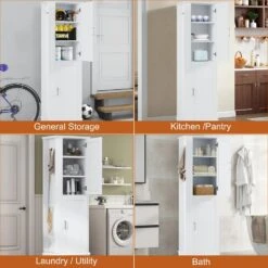 Tall Bathroom Storage Cabinet, Freestanding Storage Cabinet With Hook And Adjustable Shelf, MDF Board, White -Tahanbath white tahanbath pantry organizers z n725p241834k 1f 1000