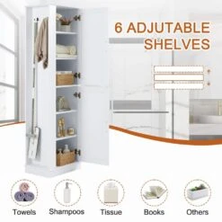 Tall Bathroom Storage Cabinet, Freestanding Storage Cabinet With Hook And Adjustable Shelf, MDF Board, White -Tahanbath white tahanbath pantry organizers z n725p241834k 44 1000