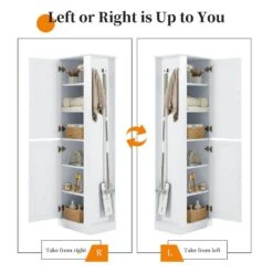 Tall Bathroom Storage Cabinet, Freestanding Storage Cabinet With Hook And Adjustable Shelf, MDF Board, White -Tahanbath white tahanbath pantry organizers z n725p241834k 4f 1000