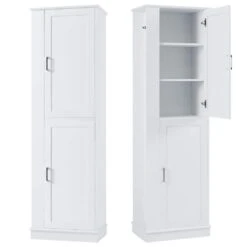 Tall Bathroom Storage Cabinet, Freestanding Storage Cabinet With Hook And Adjustable Shelf, MDF Board, White