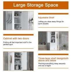 Tall Bathroom Storage Cabinet, Freestanding Storage Cabinet With Hook And Adjustable Shelf, MDF Board, White -Tahanbath white tahanbath pantry organizers z n725p241834k 76 1000