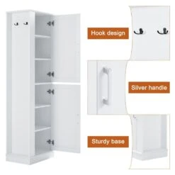 Tall Bathroom Storage Cabinet, Freestanding Storage Cabinet With Hook And Adjustable Shelf, MDF Board, White -Tahanbath white tahanbath pantry organizers z n725p241834k fa 1000