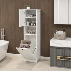 1-Compartment 1-Door Tilt-Out Laundry Sorter Cabinet-White -Tahanbath white tahanbath pantry organizers z w1120p146256 76 1000