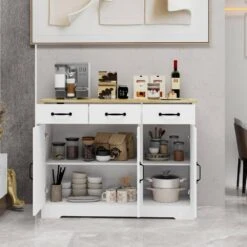 High-Gloss White Living Room Sideboard With LED Lights-Modern Wooden Storage And Display Cabinet For Kitchen -Tahanbath white tahanbath pantry organizers z w132166385 31 1000