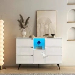 High-Gloss White Living Room Sideboard With LED Lights-Modern Wooden Storage And Display Cabinet For Kitchen -Tahanbath white tahanbath pantry organizers z w132166385 66 1000