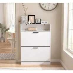 4-Drawer Handle-Free White Dresser: Modern Wooden Cabinet With Sturdy Frame For Bedroom, Living Room Or Office -Tahanbath white tahanbath pantry organizers z w132166400 31 1000