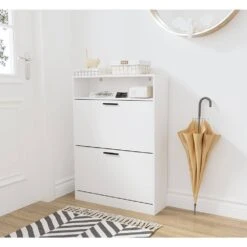 4-Drawer Handle-Free White Dresser: Modern Wooden Cabinet With Sturdy Frame For Bedroom, Living Room Or Office -Tahanbath white tahanbath pantry organizers z w132166400 76 1000