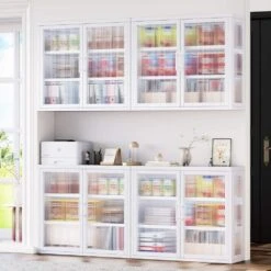 Retro Haze Double-Glass Door Cabinet With Removable Shelves-Versatile White Storage Solution -Tahanbath white tahanbath pantry organizers z w1673123588 1f 1000
