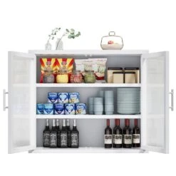 Retro Haze Double-Glass Door Cabinet With Removable Shelves-Versatile White Storage Solution -Tahanbath white tahanbath pantry organizers z w1673123588 76 1000