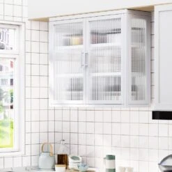 Retro Haze Double-Glass Door Cabinet With Removable Shelves-Versatile White Storage Solution -Tahanbath white tahanbath pantry organizers z w1673123588 fa 1000