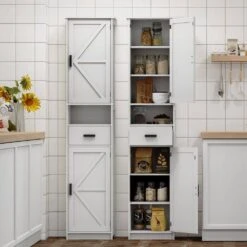 69 In.H Tall Bathroom Storage Cabinet With 2-Barn Doors And1-Drawer, Adjustable Shelves,Floor Cabinet In White -Tahanbath white tahanbath pantry organizers z w1781132475 76 1000