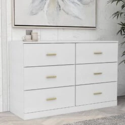 Modern White 6-Drawer Dresser For Bedroom-Ample Storage Wide Chest Of Drawers, Sturdy And Safe -Tahanbath white tahanbath pantry organizers z w1785136021 76 1000