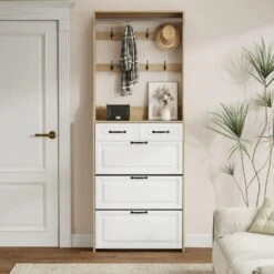 New Wooden Shoe Cabinet, 3-Doors And 2-Drawers, Equipped With Hangers And Spacious Storage Space In White -Tahanbath white tahanbath pantry organizers z w1820p152742 1f 1000