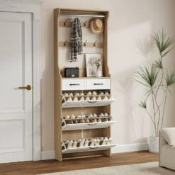 New Wooden Shoe Cabinet, 3-Doors And 2-Drawers, Equipped With Hangers And Spacious Storage Space In White -Tahanbath white tahanbath pantry organizers z w1820p152742 44 1000