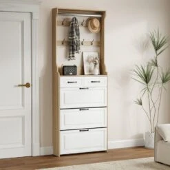 New Wooden Shoe Cabinet, 3-Doors And 2-Drawers, Equipped With Hangers And Spacious Storage Space In White -Tahanbath white tahanbath pantry organizers z w1820p152742 4f 1000