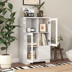 MDF Painted Cabinet With Glass Doors And Drawer, Open Storage Space, White ,Bedroom, Living Room In White -Tahanbath white tahanbath pantry organizers z w1820p152744 1f 1000