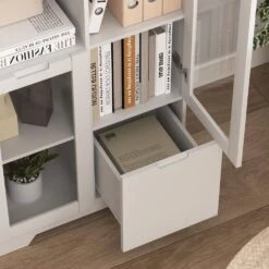 MDF Painted Cabinet With Glass Doors And Drawer, Open Storage Space, White ,Bedroom, Living Room In White -Tahanbath white tahanbath pantry organizers z w1820p152744 31 1000