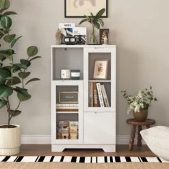 MDF Painted Cabinet With Glass Doors And Drawer, Open Storage Space, White ,Bedroom, Living Room In White -Tahanbath white tahanbath pantry organizers z w1820p152744 4f 1000