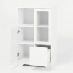 MDF Painted Cabinet With Glass Doors And Drawer, Open Storage Space, White ,Bedroom, Living Room In White -Tahanbath white tahanbath pantry organizers z w1820p152744 76 1000