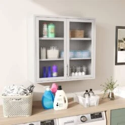 Retro Wall Cabinet With Hazy Waffle-Grid Glass And 2-Adjustable Shelves-White Finish
