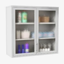 Retro Wall Cabinet With Hazy Waffle-Grid Glass And 2-Adjustable Shelves-White Finish -Tahanbath white tahanbath pantry organizers z w2378p176279 76 1000