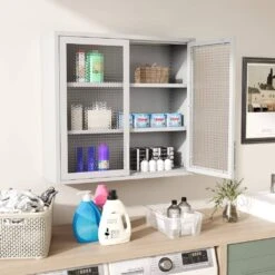 Retro Wall Cabinet With Hazy Waffle-Grid Glass And 2-Adjustable Shelves-White Finish -Tahanbath white tahanbath pantry organizers z w2378p176279 fa 1000