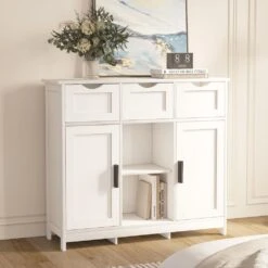 White Wooden Floor Storage Cabinet With Drawers And Shelves, Suitable For Living Room, Bedroom, Bathroom Decor 10 White Wooden Floor Storage Cabinet With Drawers And Shelves, Suitable For Living Room, Bedroom, Bathroom Decor -Tahanbath white tahanbath pantry organizers z w2386p192271 1f 1000
