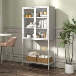 59 In. H Heavy-Duty Metal Storage Cabinet: Ideal For Home Office, Living Room And Pantry In White -Tahanbath white tahanbath pantry organizers z w2735p186331 76 1000