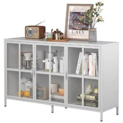 Heavy-Duty Metal Sideboard With Storage Adjustable Feet, Glass Doors, Large Capacity In White -Tahanbath white tahanbath pantry organizers z w2735p186333 1f 1000