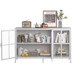 Heavy-Duty Metal Sideboard With Storage Adjustable Feet, Glass Doors, Large Capacity In White -Tahanbath white tahanbath pantry organizers z w2735p186333 76 1000