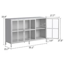 Heavy-Duty Metal Sideboard With Storage Adjustable Feet, Glass Doors, Large Capacity In White -Tahanbath white tahanbath pantry organizers z w2735p186333 c3 1000