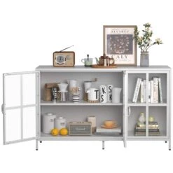 Heavy-Duty Metal Sideboard With Storage Adjustable Feet, Glass Doors, Large Capacity In White -Tahanbath white tahanbath pantry organizers z w2735p186333 fa 1000