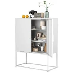 Heavy Duty Metal Buffet-Modern Steel Cabinet With Magnetic Doors, 2-Shelves, Anti-Tip Design; Easy Assembly In White -Tahanbath white tahanbath pantry organizers z w2735p186337 31 1000
