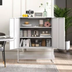 Heavy Duty Metal Buffet-Modern Steel Cabinet With Magnetic Doors, 2-Shelves, Anti-Tip Design; Easy Assembly In White -Tahanbath white tahanbath pantry organizers z w2735p186337 4f 1000