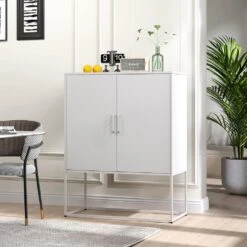 Heavy Duty Metal Buffet-Modern Steel Cabinet With Magnetic Doors, 2-Shelves, Anti-Tip Design; Easy Assembly In White