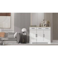 Cabinet Storage Sideboard With 3 Drawers And 3 Doors For Dining Living Room Kitchen Cupboard-White -Tahanbath white tahanbath pantry organizers z w282138084 76 1000