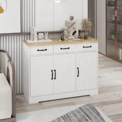 Farmhouse Buffet Cabinet Storage Sideboard With 3-Drawers And 3-Doors For Dining Living Room Kitchen Cupboard-White -Tahanbath white tahanbath pantry organizers z w282138085 44 1000