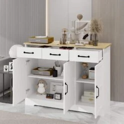 Farmhouse Buffet Cabinet Storage Sideboard With 3-Drawers And 3-Doors For Dining Living Room Kitchen Cupboard-White -Tahanbath white tahanbath pantry organizers z w282138085 4f 1000