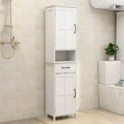 Double Door Narrow Height Slim Floor Standing Cabinet In White -Tahanbath white tahanbath pantry organizers z w28263146 1f 1000