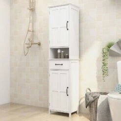 Double Door Narrow Height Slim Floor Standing Cabinet In White