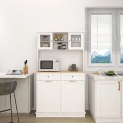 67.7 In. Tall White Kitchen Storage Cabinet-3 Shelves, 2-Drawers, Tilt-Out Trash -Tahanbath white tahanbath pantry organizers z w282p182326 1f 1000