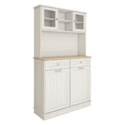 67.7 In. Tall White Kitchen Storage Cabinet-3 Shelves, 2-Drawers, Tilt-Out Trash